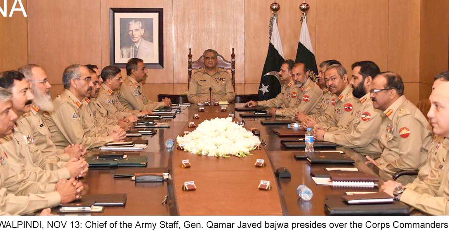RAWALPINDI, NOV 13: Chief of the Army Staff, Gen. Qamar Javed bajwa presides over the Corps Commanders Conference, on Tuesday.=DNA PHOTO